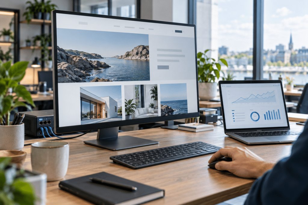 Website Design und Analytics im Agenturbuero Arbeitsplatz mit Website auf einem Monitor und SEO-Auswertung auf einem Laptop